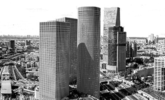 Part of Tel Aviv Skyline (in black and white). In the foreground, the Azrieli Towers Complex, and in the mid background to the right, the Sarona Tower and Africa-Israel building1