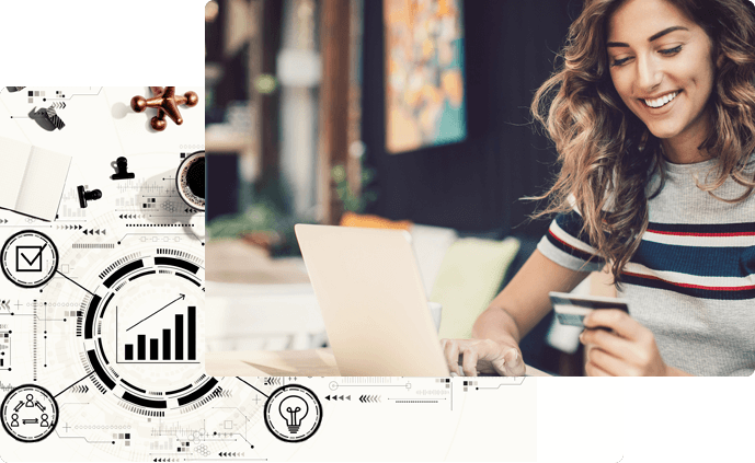 Young woman smiling holding credit card and typing in credit card details into her laptop in a cafe with an icon of metrics in the background